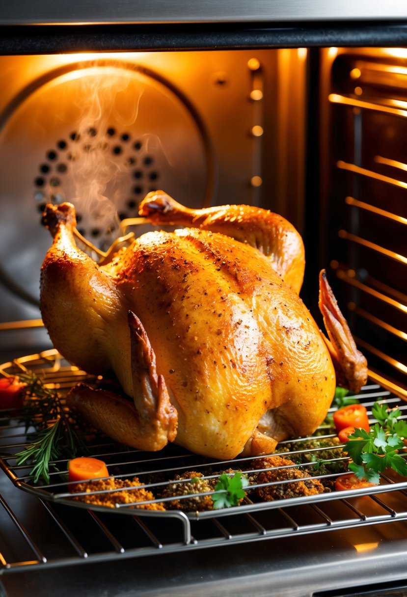 A golden-brown Cajun baked chicken sits on a wire rack, surrounded by vibrant spices and herbs. The oven door is open, releasing a tantalizing aroma