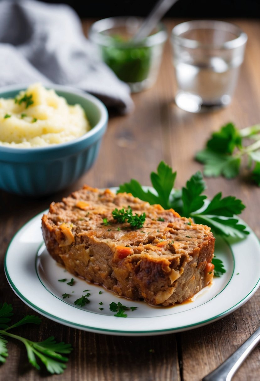 A single-serving meatloaf sits on a small plate, surrounded by a side of mashed potatoes and a sprinkle of fresh parsley