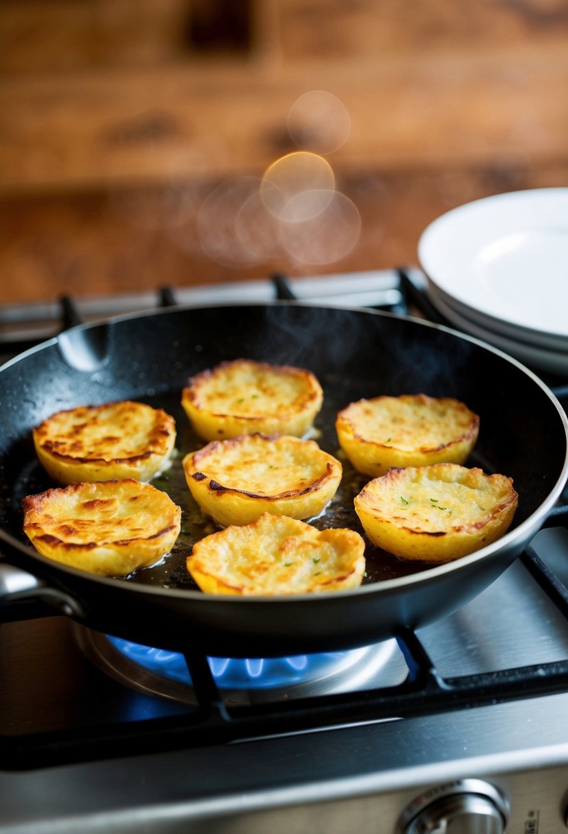 A sizzling skillet with golden brown potato farls cooking over a stovetop