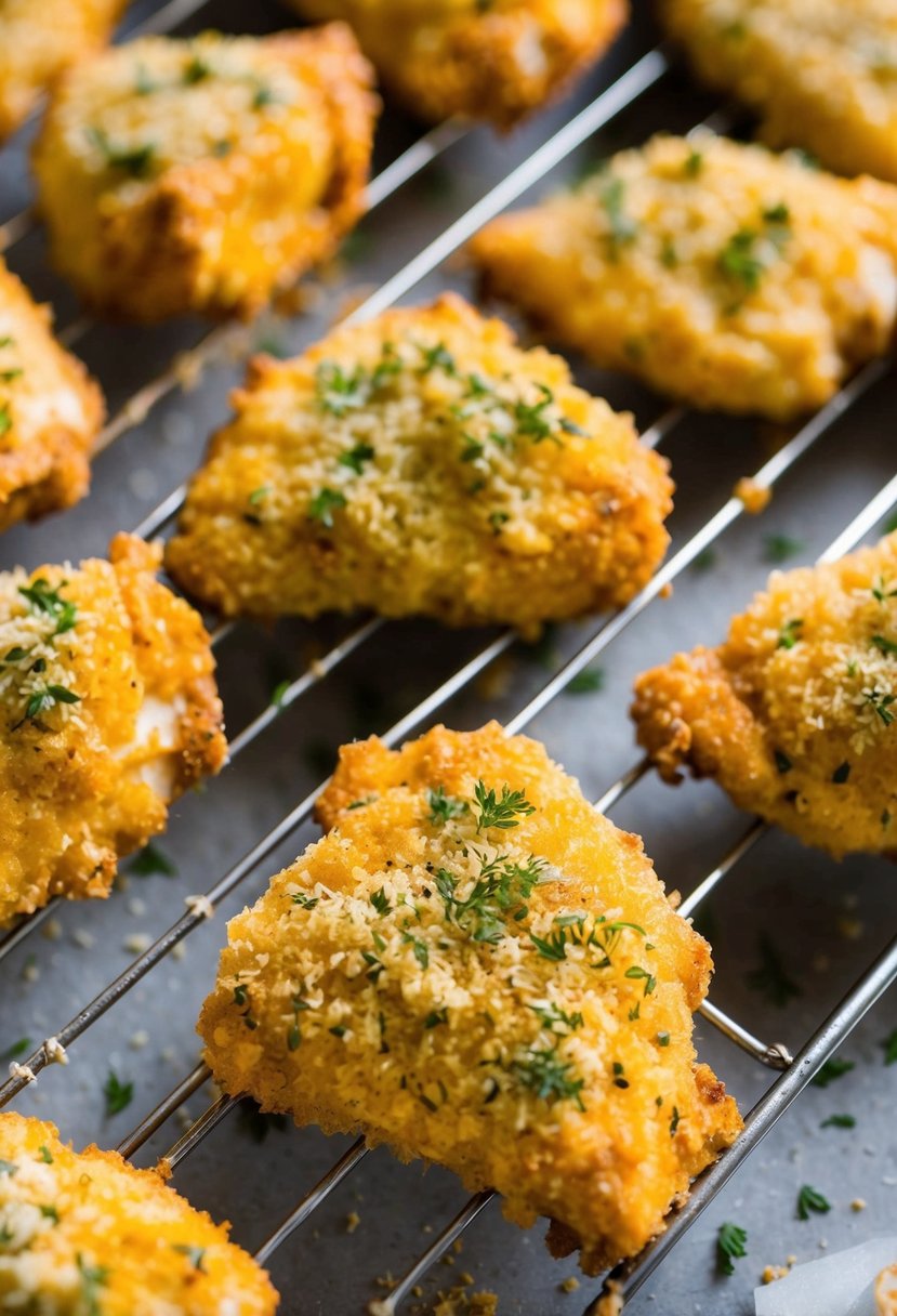 Golden, crispy chicken pieces coated in a fragrant herb crust, resting on a wire rack fresh out of the oven