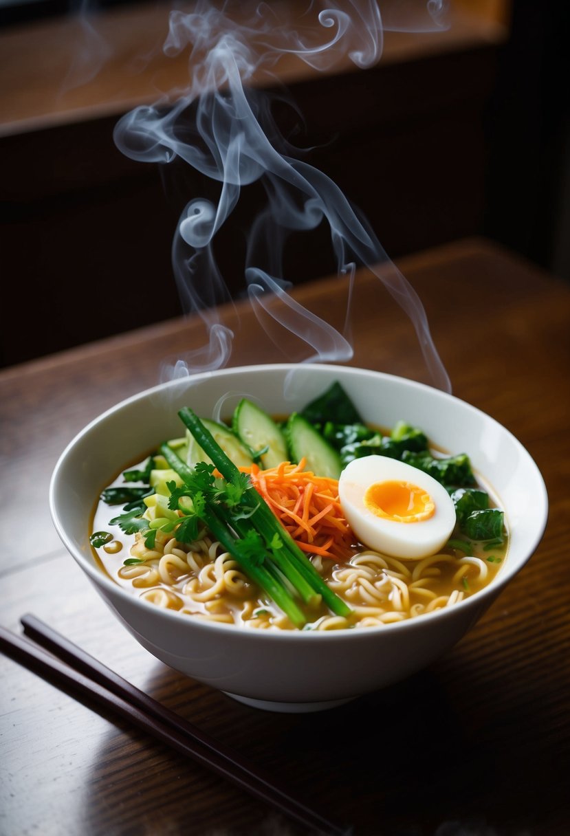 A steaming bowl of instant ramen topped with fresh vegetables and a soft-boiled egg, sitting on a wooden table next to a pair of chopsticks