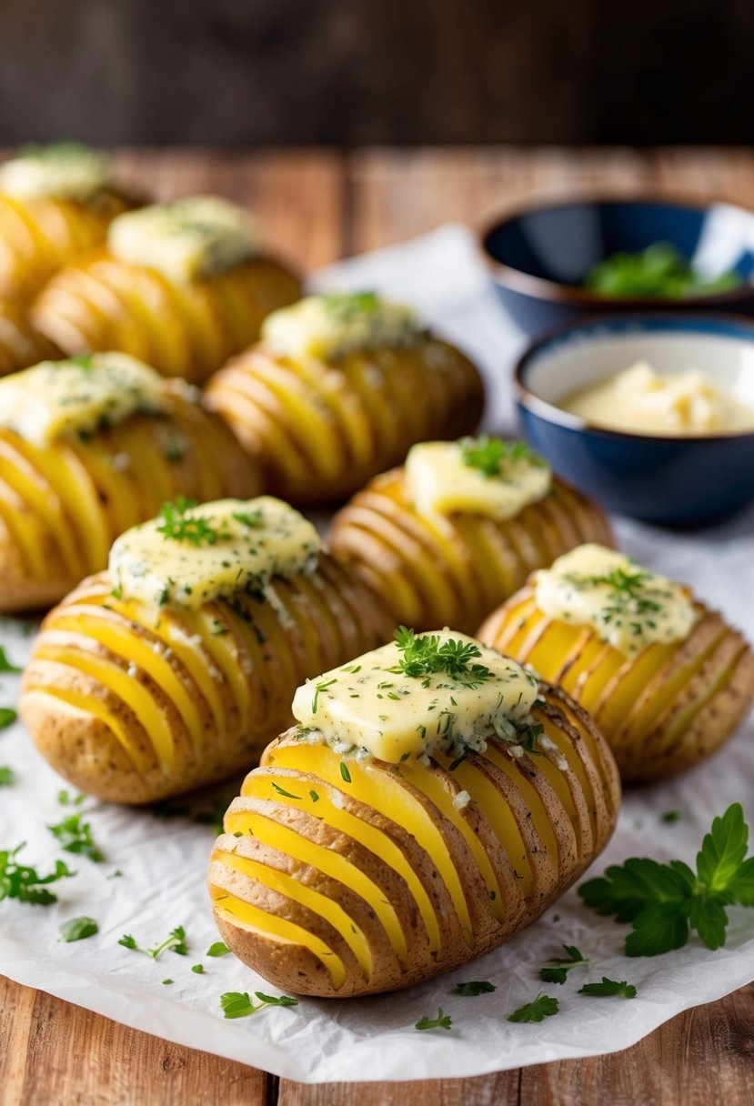 A row of hasselback potatoes topped with herb and garlic butter, ready to be baked