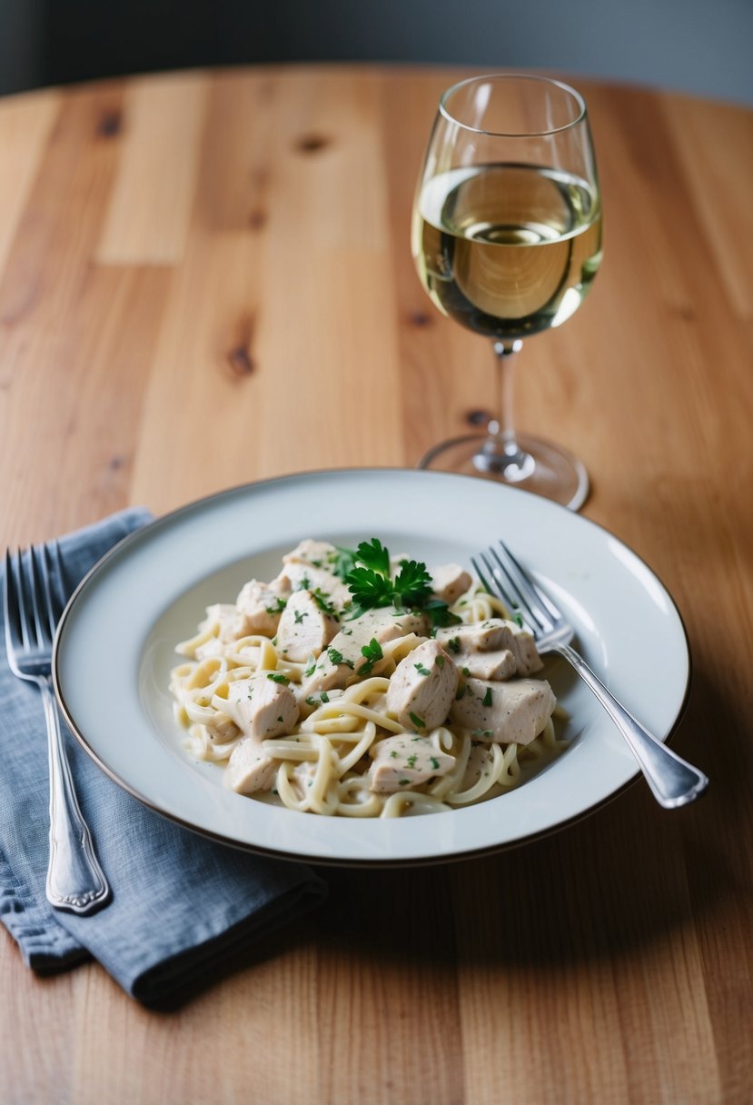 A single plate of creamy Chicken Alfredo with a sprinkle of parsley, a fork, and a glass of white wine beside it on a wooden table