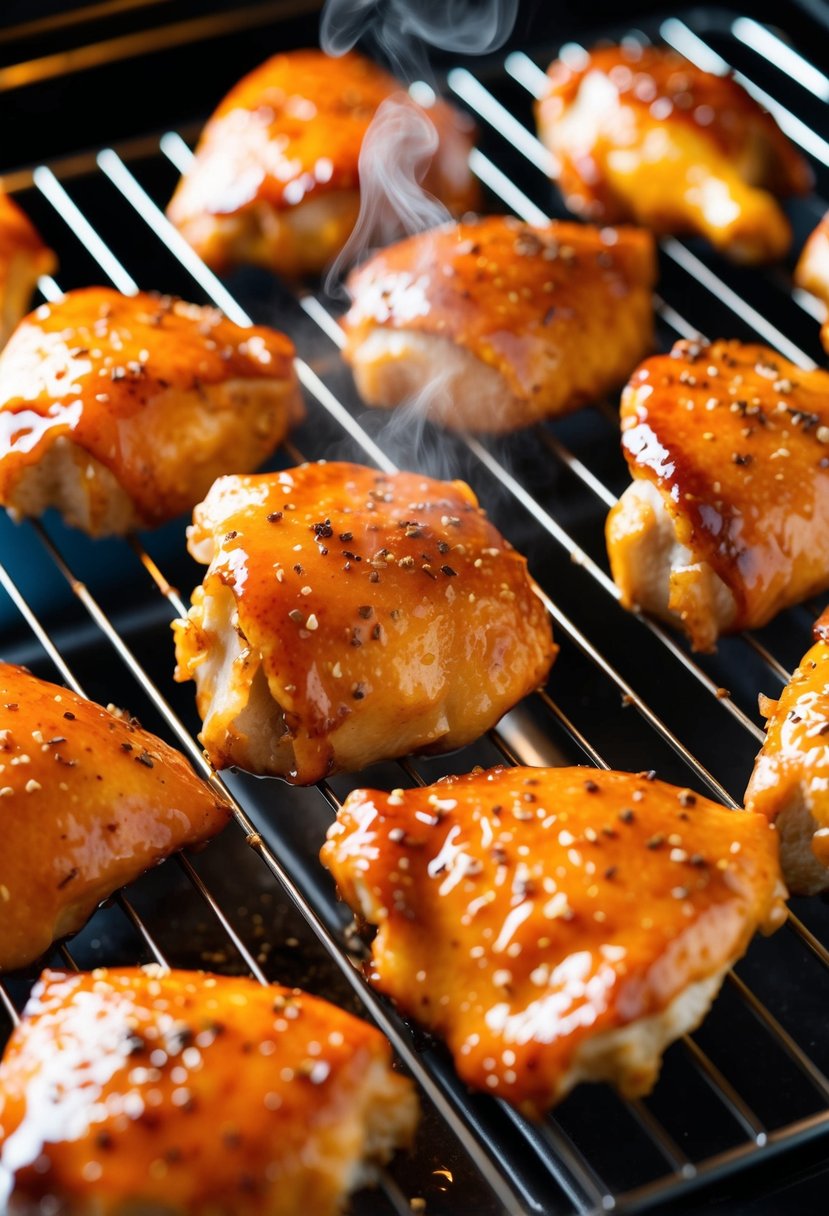 Golden brown chicken pieces coated in soy glaze, sizzling in the oven on a wire rack. A hint of steam rises as the glaze caramelizes, creating a mouthwatering aroma