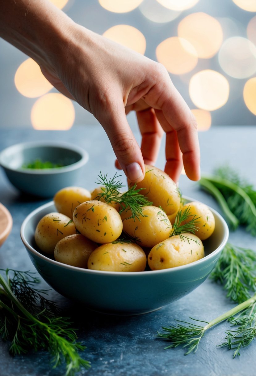 A hand reaching for a bowl of freshly cooked dill potatoes, with a few whole dill sprigs scattered around the dish