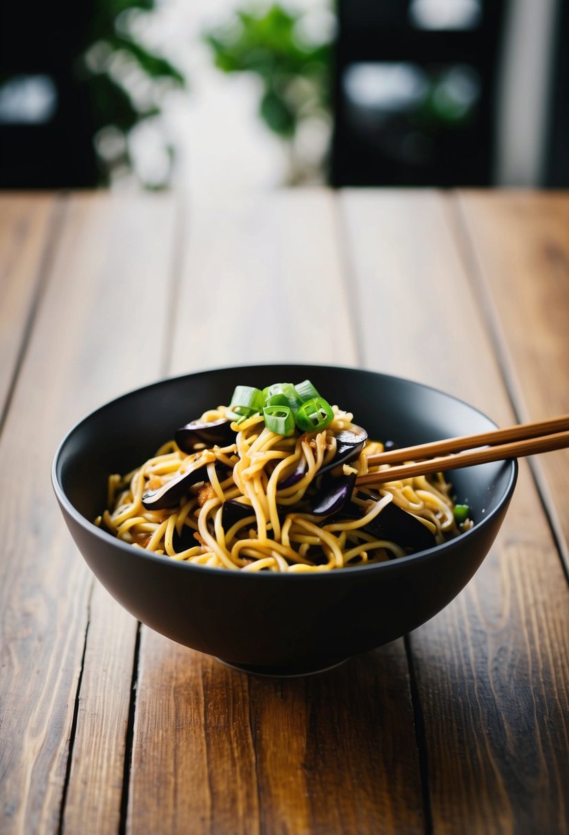 A single bowl of Eggplant Dan-Dan Noodles on a wooden table with chopsticks