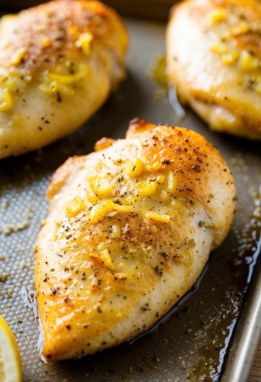 A golden-brown chicken breast coated in zesty lemon pepper seasoning, baked to perfection in the oven