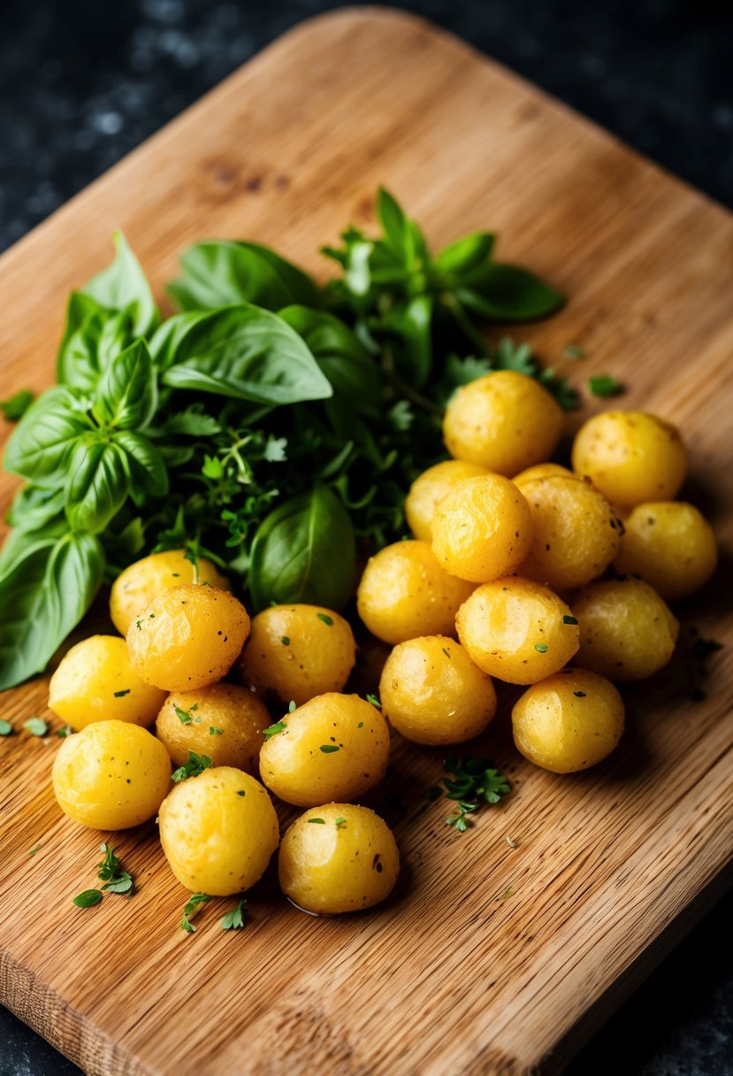 A wooden cutting board with freshly chopped basil and oregano, alongside a pile of small, golden potato bites