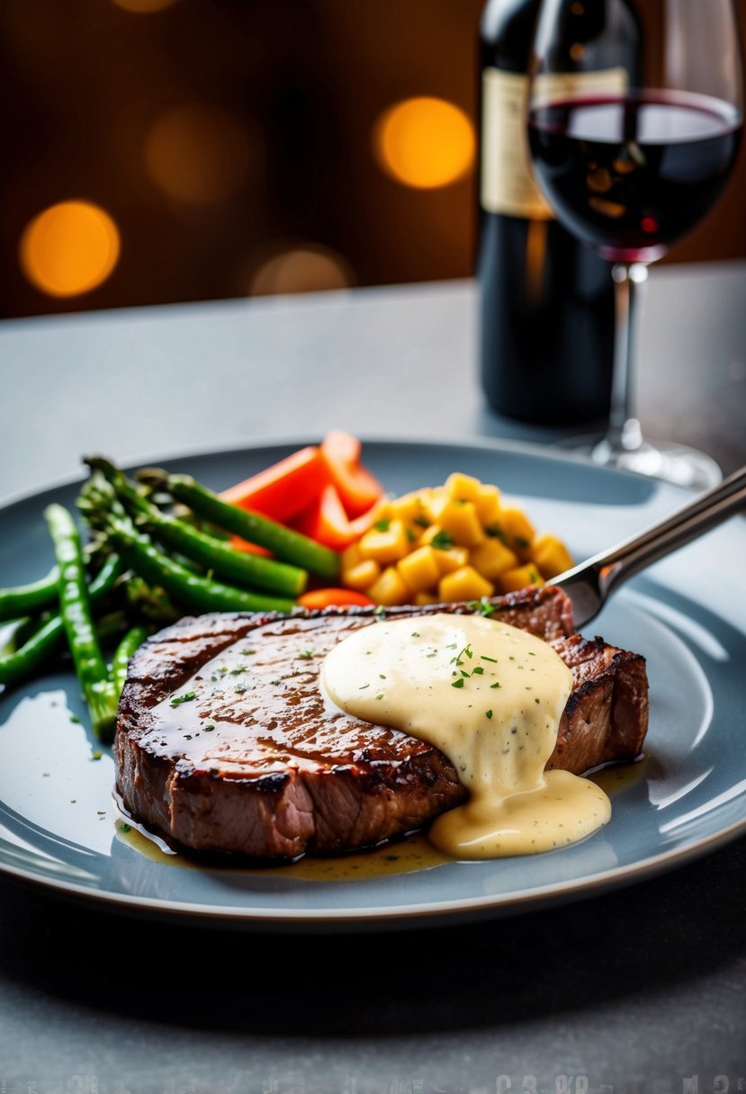 A sizzling steak with Béarnaise sauce on a plate, accompanied by a side of vegetables and a glass of red wine