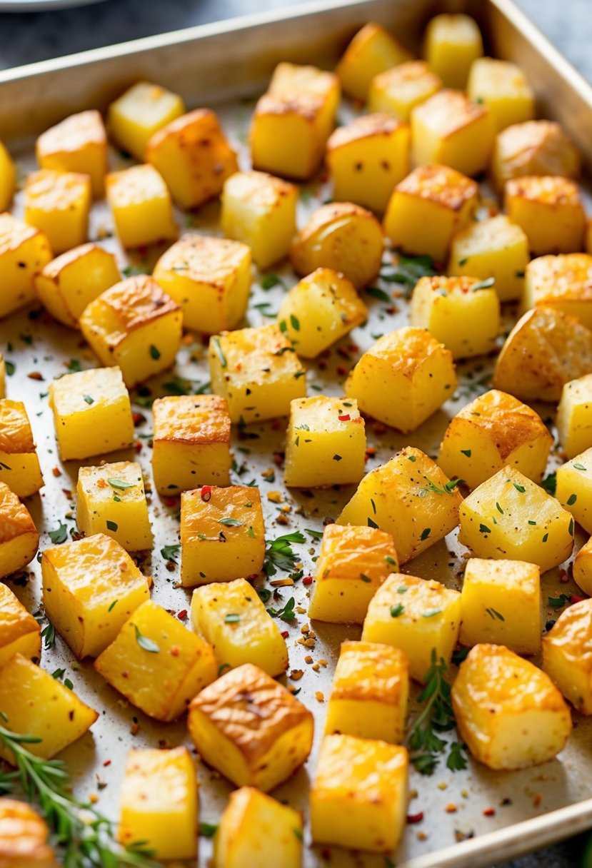 A baking sheet filled with golden, crispy cubes of roasted potatoes, sprinkled with red pepper flakes and fresh herbs