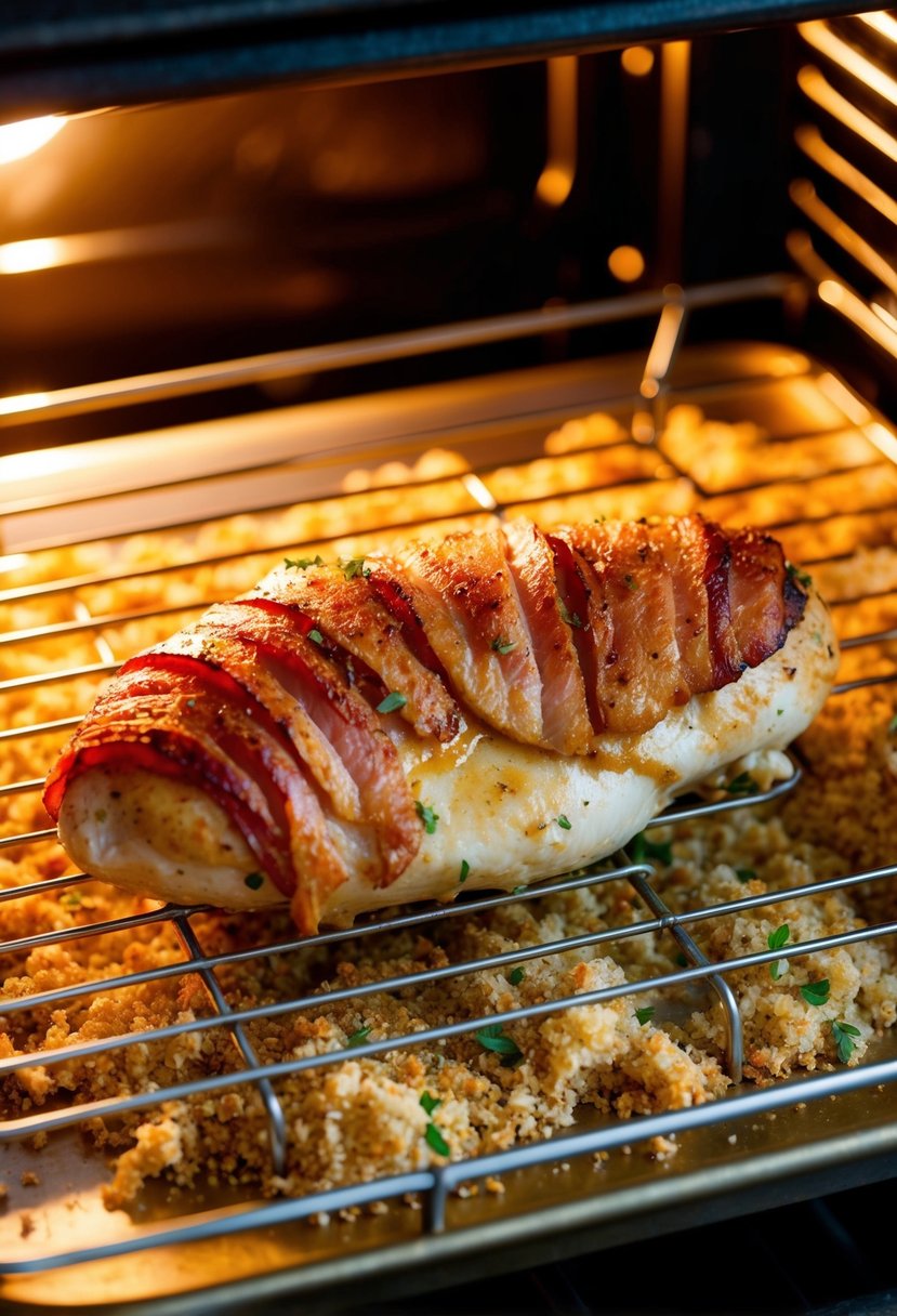 A sizzling bacon-wrapped chicken breast sits on a wire rack in a golden oven, surrounded by crispy breadcrumbs and herbs