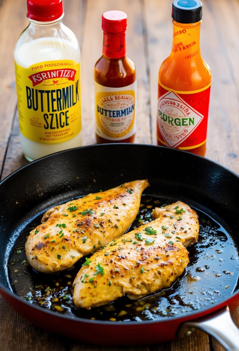 A marinated chicken breast sizzling in a skillet, surrounded by a bottle of buttermilk and a bottle of hot sauce