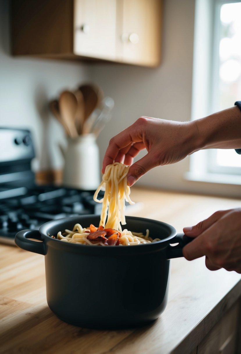 A single person's hand preparing a Smoky Bacon Pot Noodle in a cozy kitchen setting