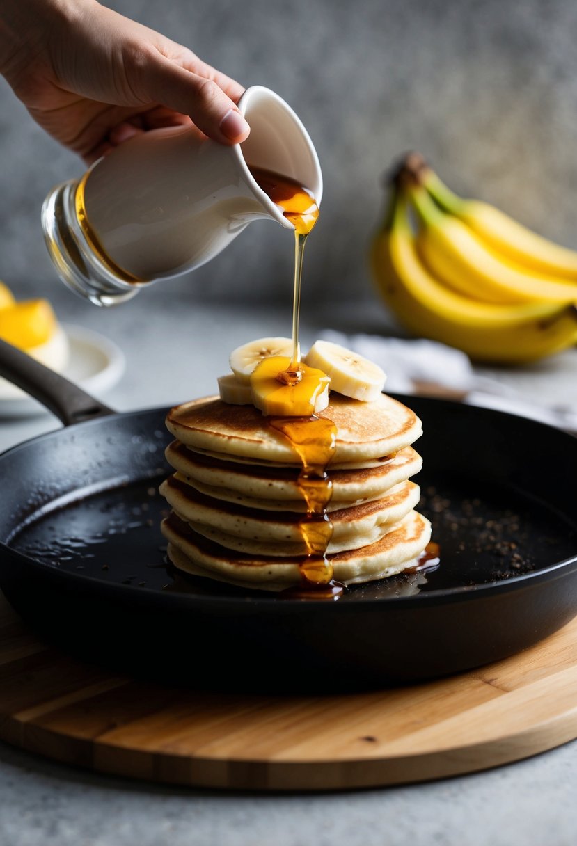 A single serving of banana pancakes being cooked on a sizzling skillet, with slices of ripe banana and a drizzle of syrup on top