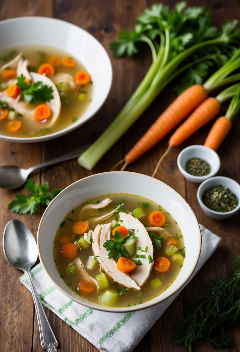 A steaming bowl of turkey and vegetable soup sits on a wooden table, surrounded by fresh ingredients like carrots, celery, and herbs