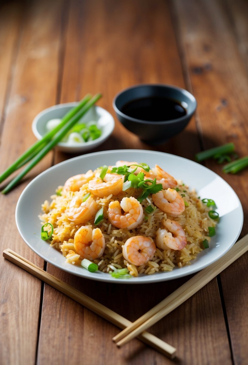 A steaming plate of shrimp fried rice on a wooden table with a pair of chopsticks beside it, a small bowl of soy sauce, and a garnish of sliced green onions