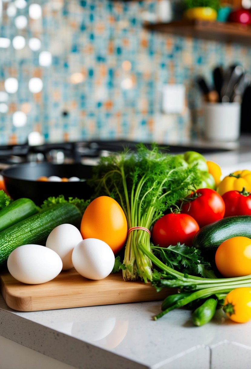 A colorful array of fresh vegetables, eggs, and a skillet on a kitchen counter