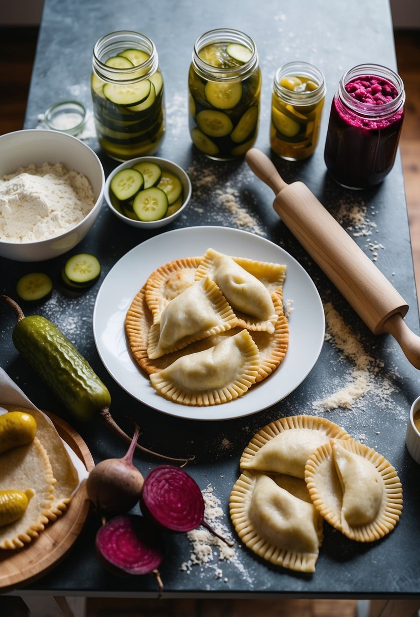 A table topped with pierogi, bigos, and kielbasa, surrounded by jars of pickled cucumbers and beets, with a rolling pin and flour scattered about