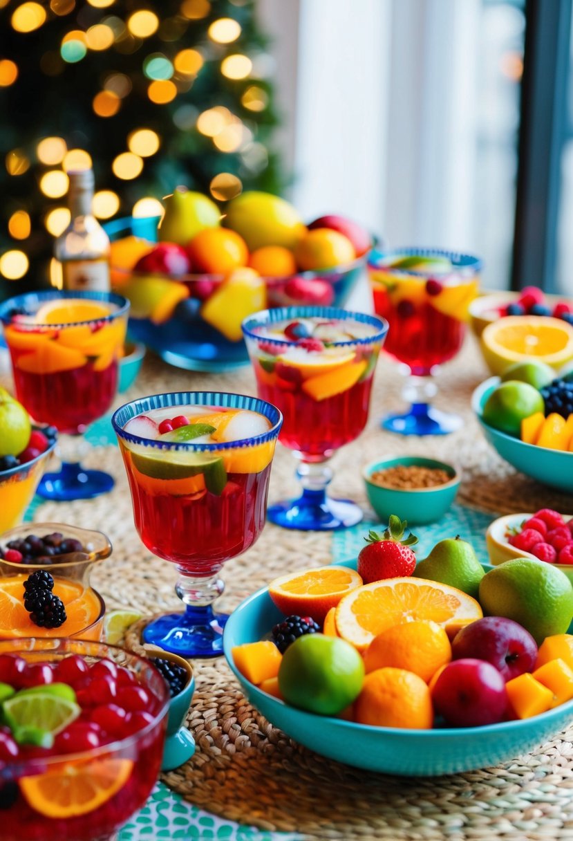 A festive table set with colorful glasses and bowls filled with various fruit and ingredients for making alcoholic punch recipes