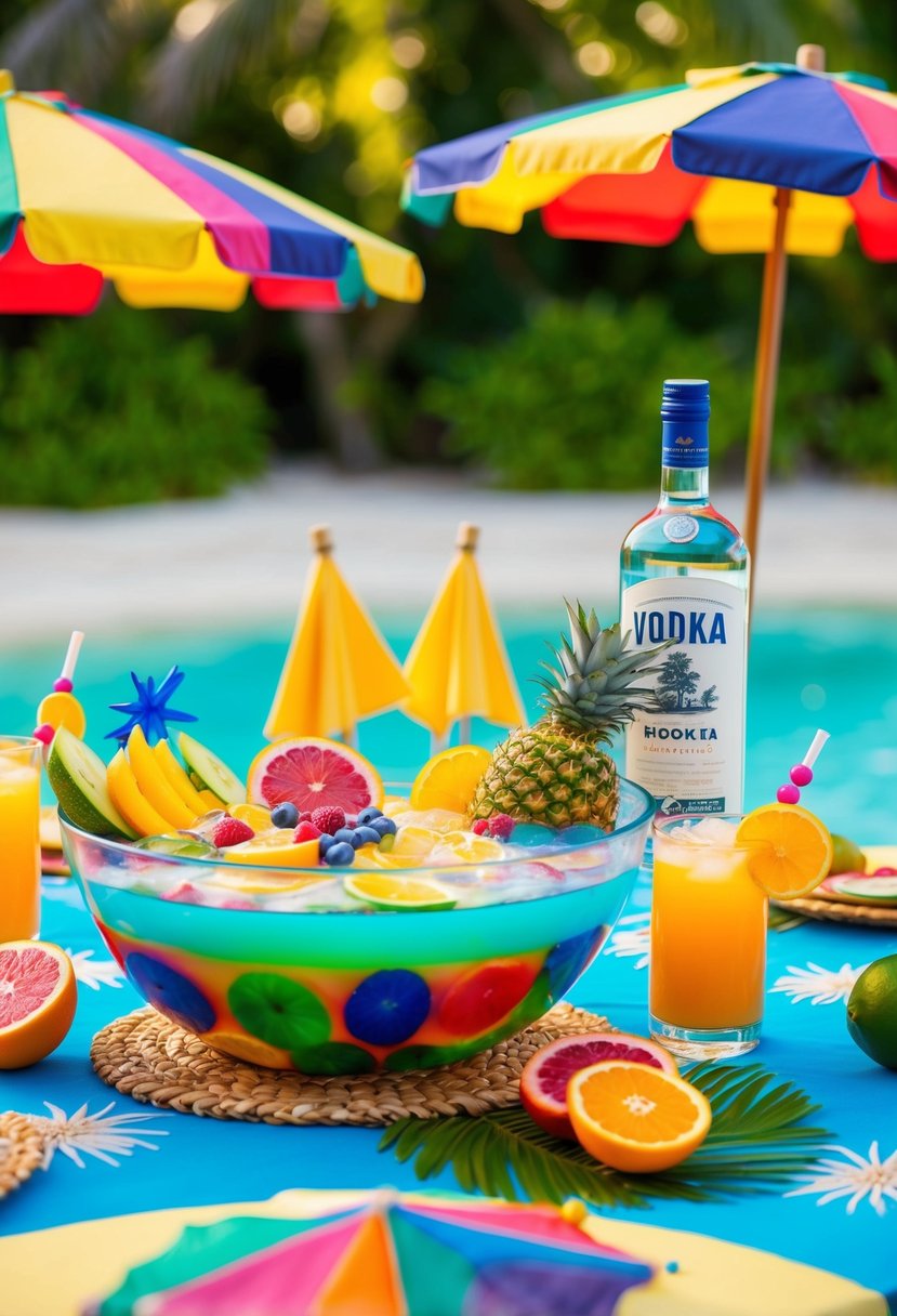 A colorful tropical punch bowl surrounded by fresh fruits, umbrellas, and a bottle of vodka on a vibrant, beach-themed table setting