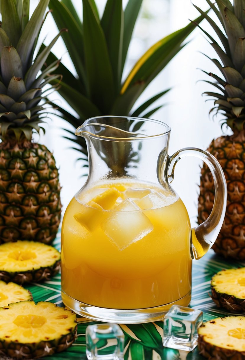 A glass pitcher filled with golden rum and pineapple juice, surrounded by fresh pineapple slices and ice cubes on a tropical-themed table