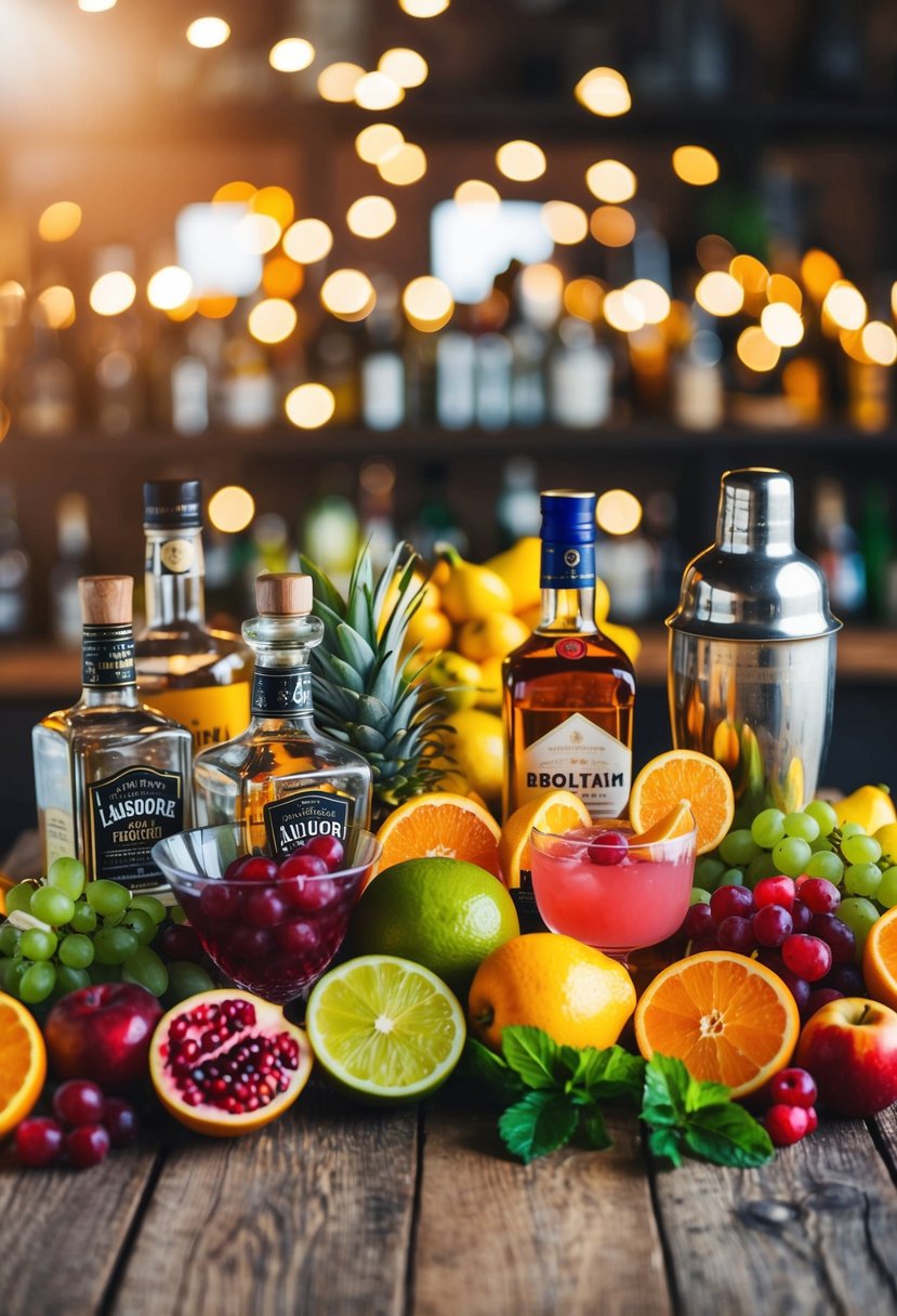 A vibrant array of fresh fruits, bottles of liquor, and cocktail shakers on a rustic wooden table