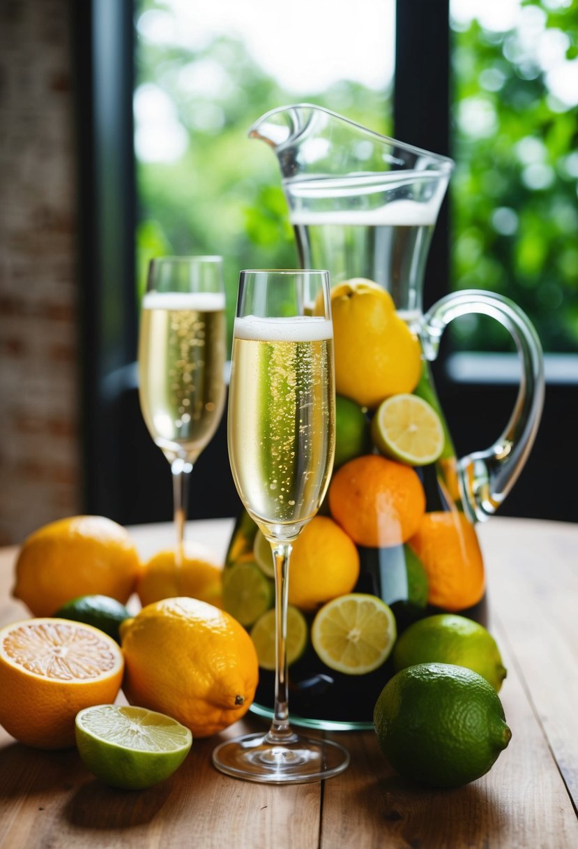 A glass pitcher filled with champagne and citrus fruits, surrounded by fresh lemons, limes, and oranges on a wooden table