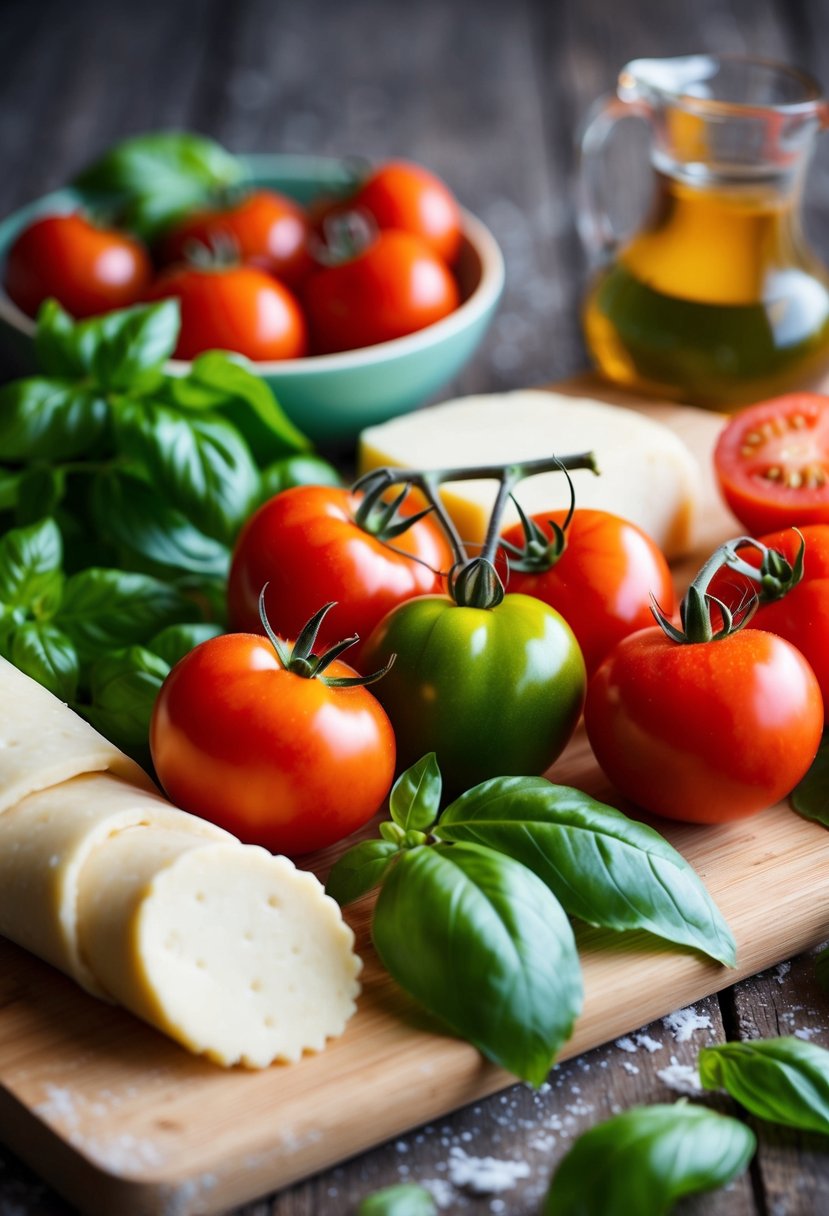 A colorful array of fresh ingredients, including tomatoes, basil, cheese, and dough, arranged on a wooden cutting board