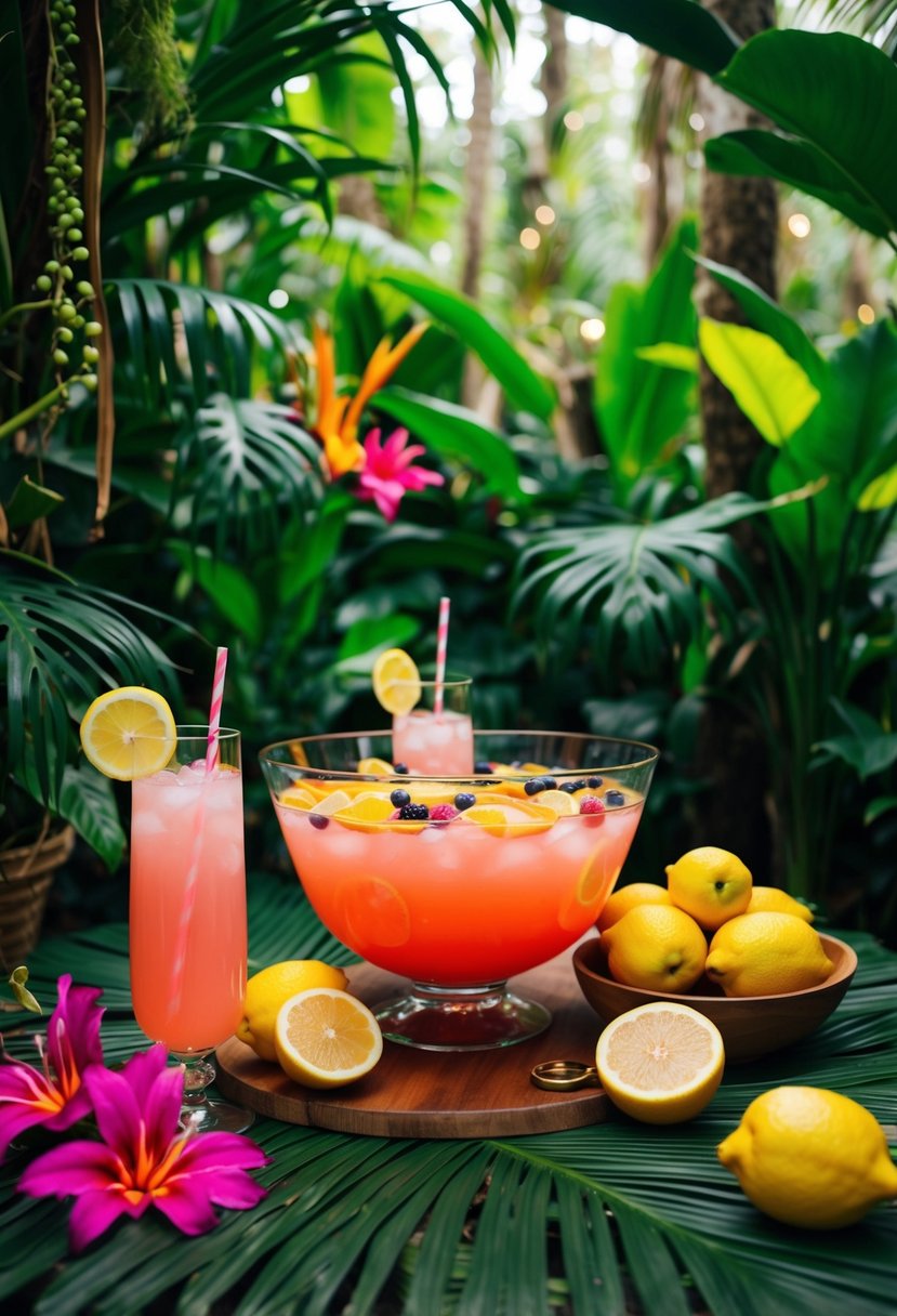 A vibrant jungle setting with pink lemonade, fruit, and a large punch bowl surrounded by lush foliage and tropical flowers