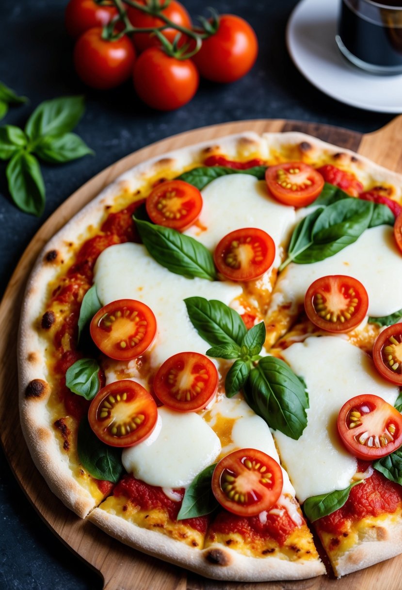 A fresh Margherita pizza sits on a wooden cutting board, topped with vibrant red tomatoes, green basil leaves, and melted mozzarella cheese