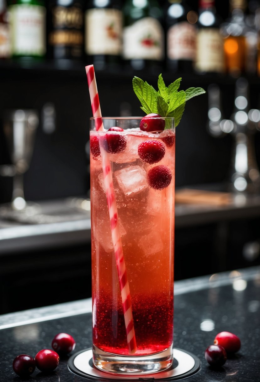 A tall glass filled with cranberry vodka fizz, garnished with fresh cranberries and a sprig of mint, sitting on a bar counter