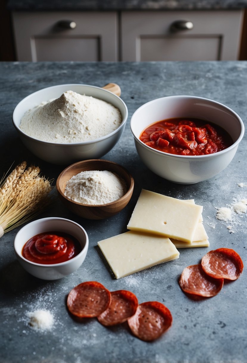 A rustic kitchen counter with ingredients for pepperoni pizza: flour, yeast, pepperoni slices, mozzarella cheese, tomato sauce, and a mixing bowl