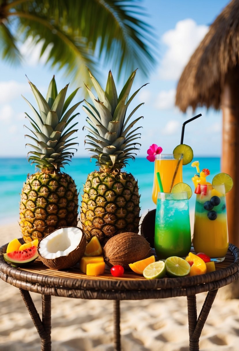 A tropical beach setting with a tiki bar, pineapples, coconuts, and a variety of colorful fruits and mixers