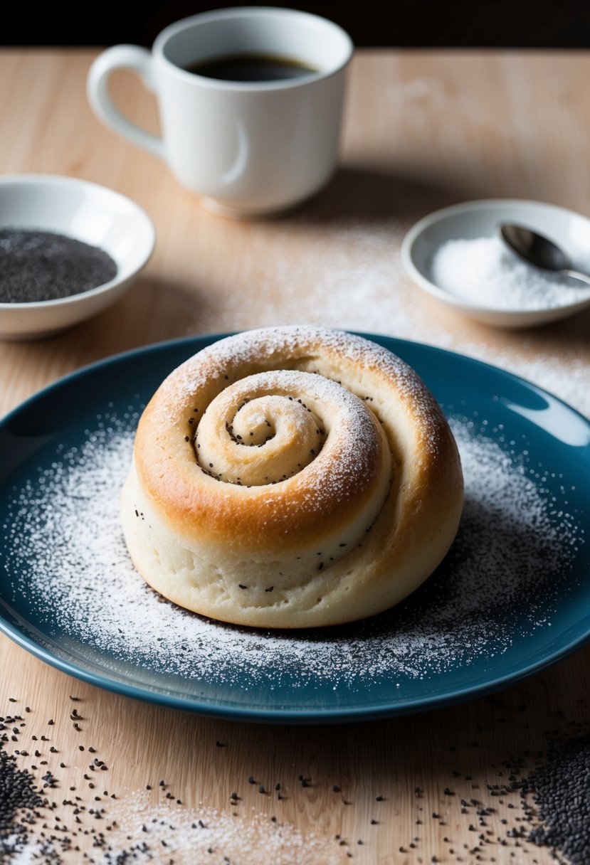 A table set with a freshly baked Fluffy Makowiec (Poppy Seed Roll) surrounded by scattered poppy seeds and a dusting of powdered sugar