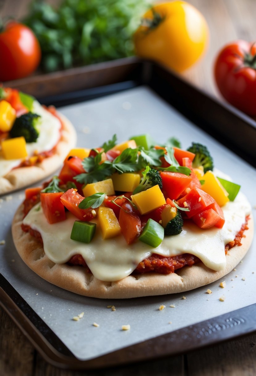 A pita bread topped with tomato sauce, melted cheese, and various colorful vegetables on a baking sheet