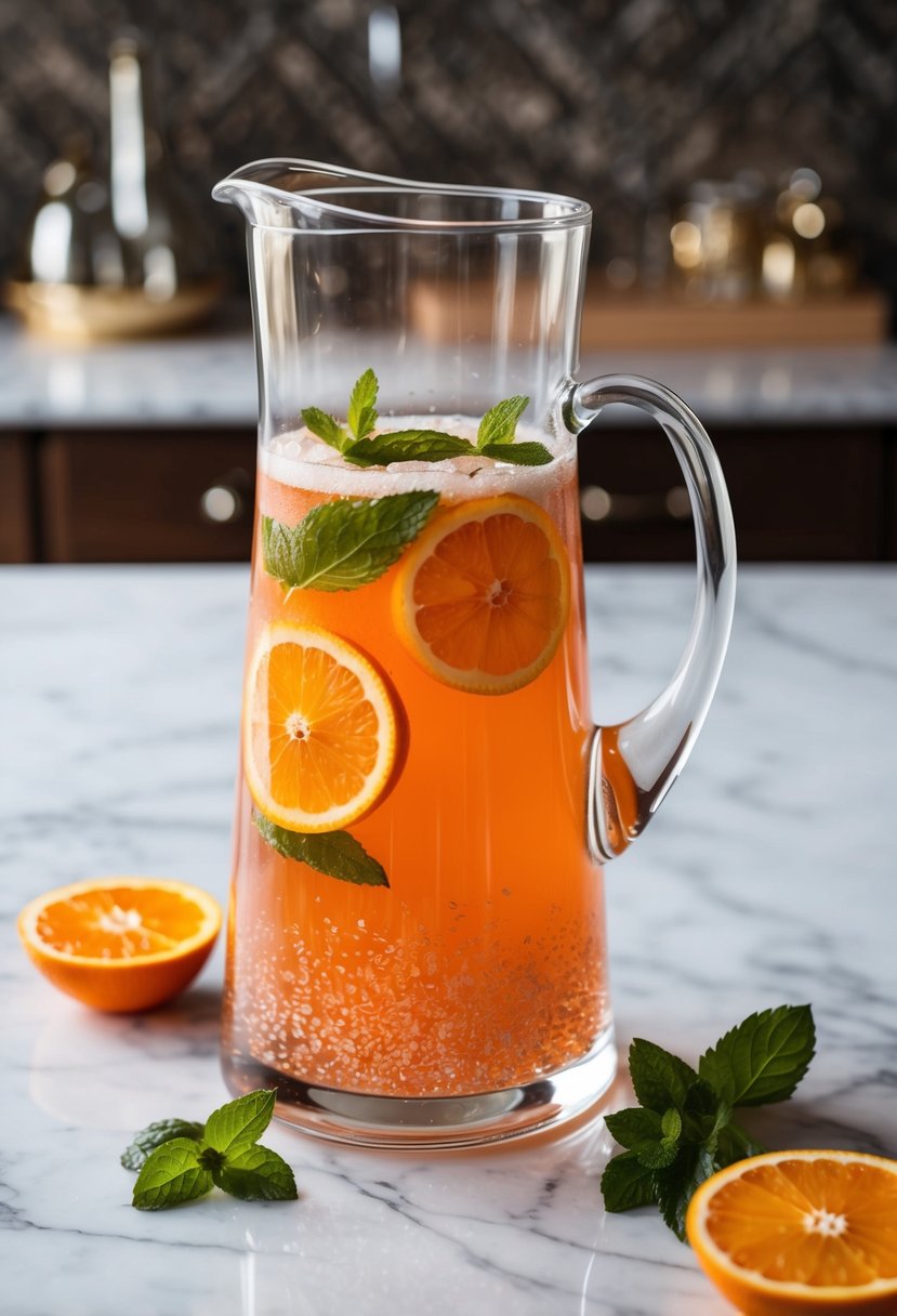 A glass pitcher filled with bubbling Blood Orange Prosecco Sparkle punch, garnished with fresh orange slices and mint leaves, sits on a marble countertop