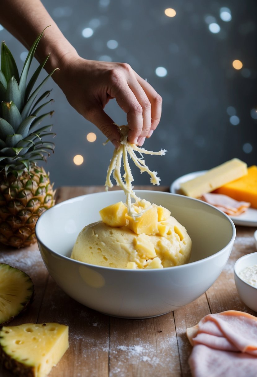 A hand mixing dough in a bowl with pineapple, ham, and cheese nearby