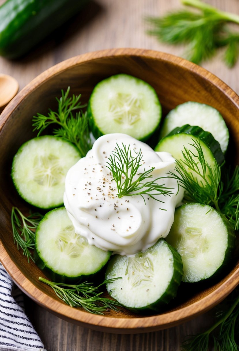 A wooden bowl filled with sliced cucumbers and sour cream, surrounded by fresh dill and a sprinkle of black pepper