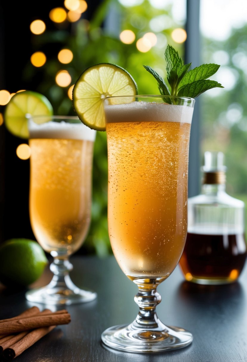 A tall glass filled with bubbling cinnamon ginger ale cocktail, garnished with a slice of lime and a sprig of fresh mint