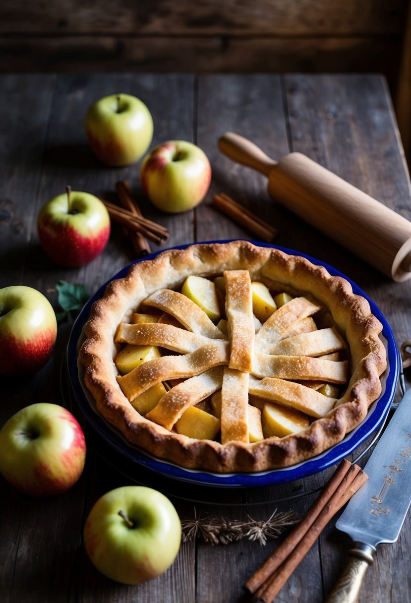 A rustic kitchen with a wooden table set with a freshly baked Polish Szarlotka (Apple Pie), surrounded by apples, cinnamon sticks, and a vintage rolling pin