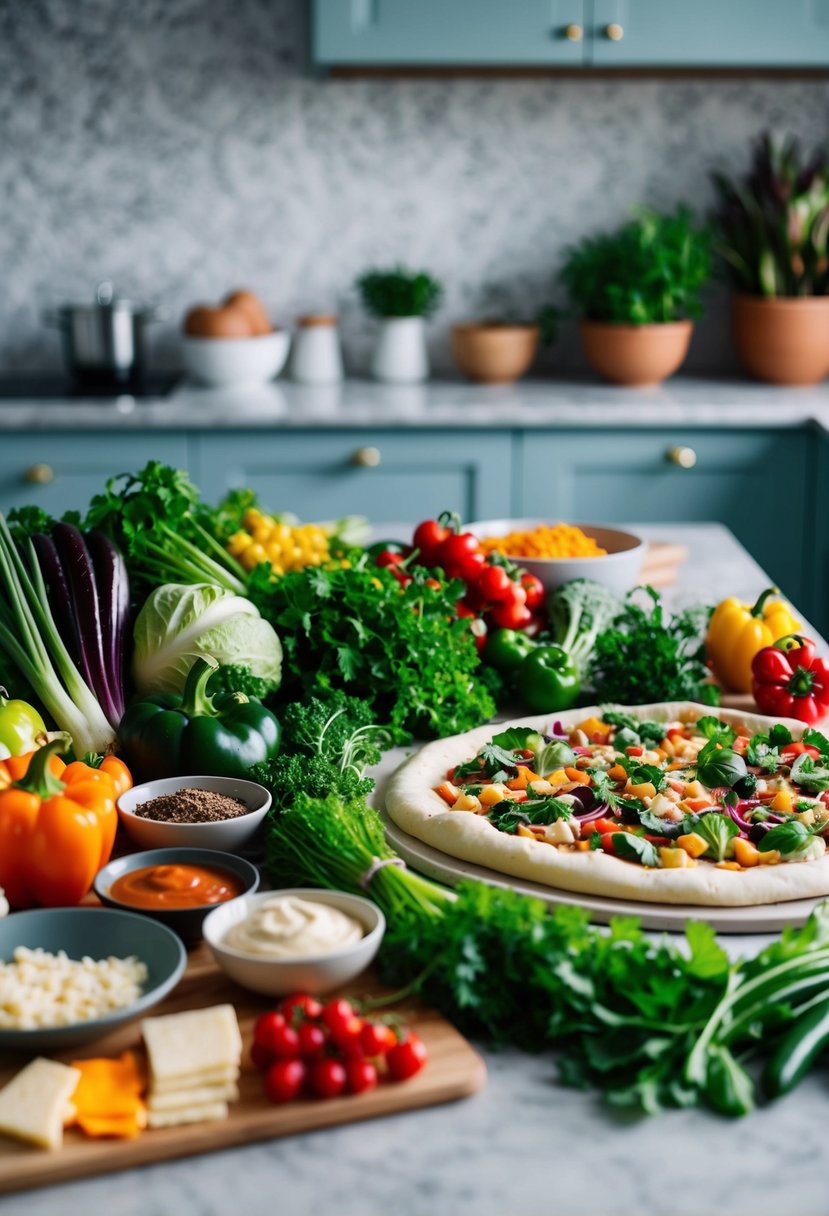 A colorful array of fresh vegetables and herbs arranged on a kitchen counter, alongside a rolled-out pizza dough and a variety of vegan cheese and sauce options