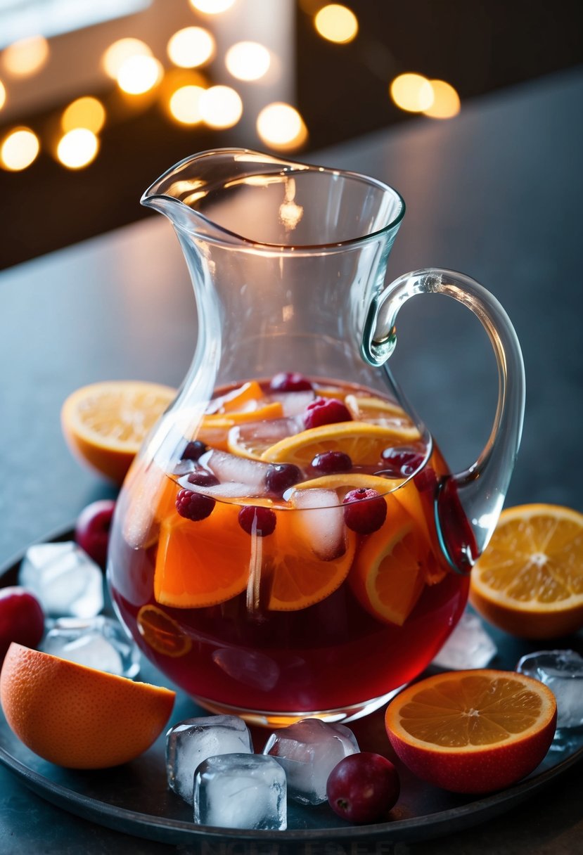 A glass pitcher filled with bourbon punch surrounded by fresh fruit and ice