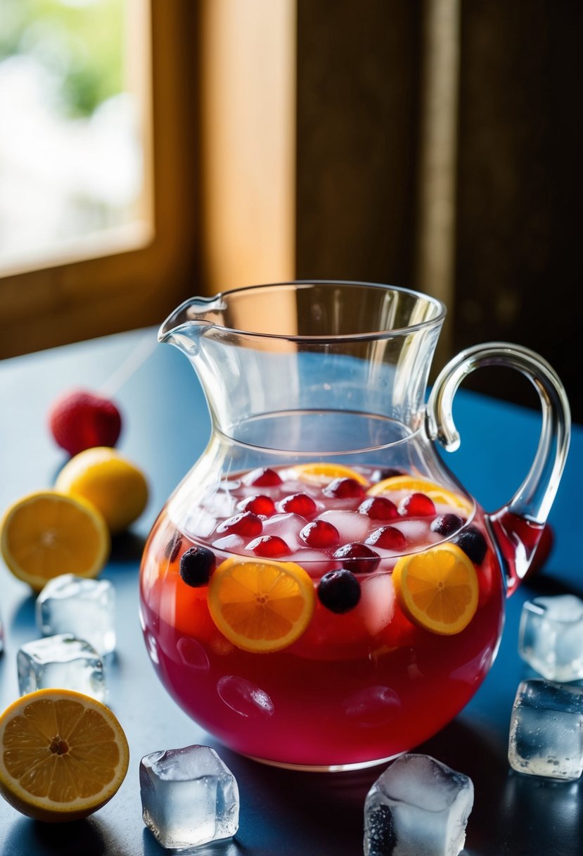 A glass pitcher filled with maraschino liqueur punch surrounded by fresh fruit and ice