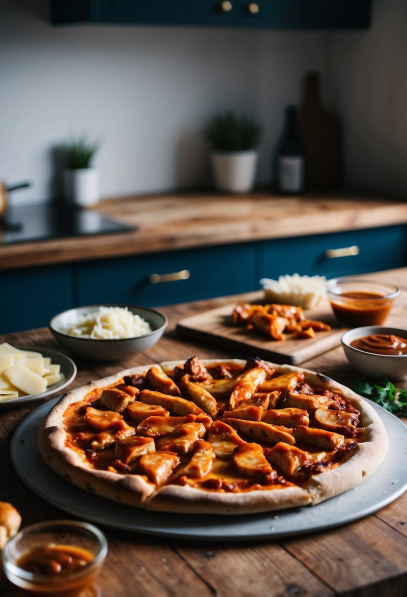 A rustic kitchen counter with a freshly baked BBQ chicken pizza, surrounded by ingredients like cheese, barbecue sauce, and sliced chicken