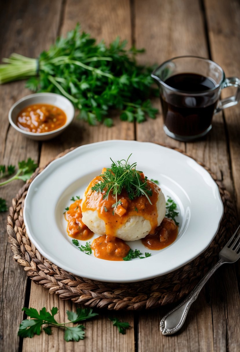 A rustic wooden table set with a plate of Kluski Śląskie, topped with a savory sauce and sprinkled with fresh herbs