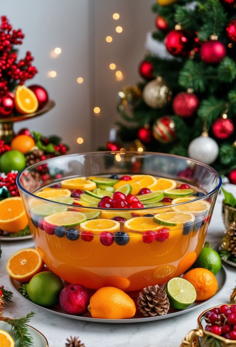 A festive table with a large bowl of colorful spiked punch surrounded by fresh fruit and holiday decorations