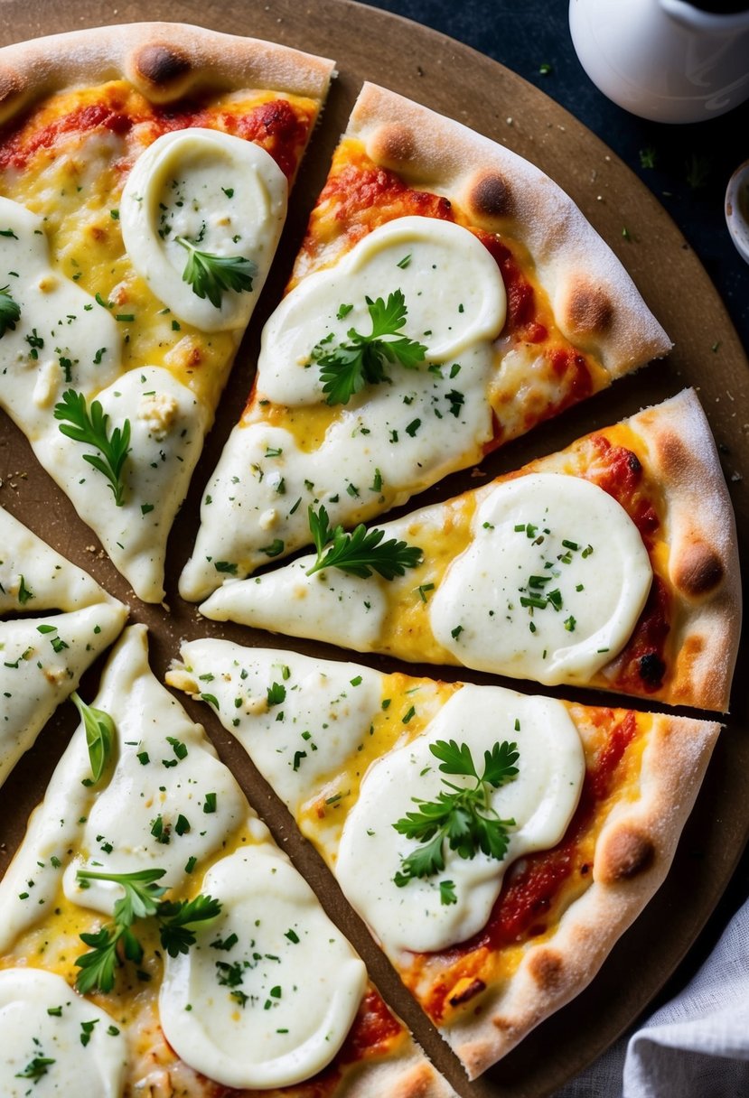 A golden-brown pizza crust topped with creamy white garlic sauce, sprinkled with melted mozzarella, and garnished with fresh herbs