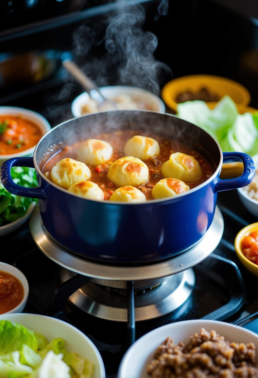 A steaming pot of Golabki simmering on a stove, surrounded by colorful ingredients like cabbage, ground meat, and tomato sauce