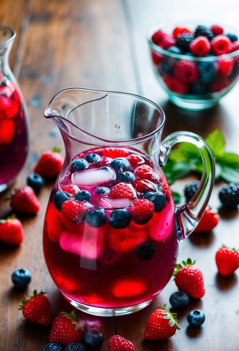 A glass pitcher filled with vibrant mixed berry cocktail, surrounded by fresh berries and ice cubes on a wooden table