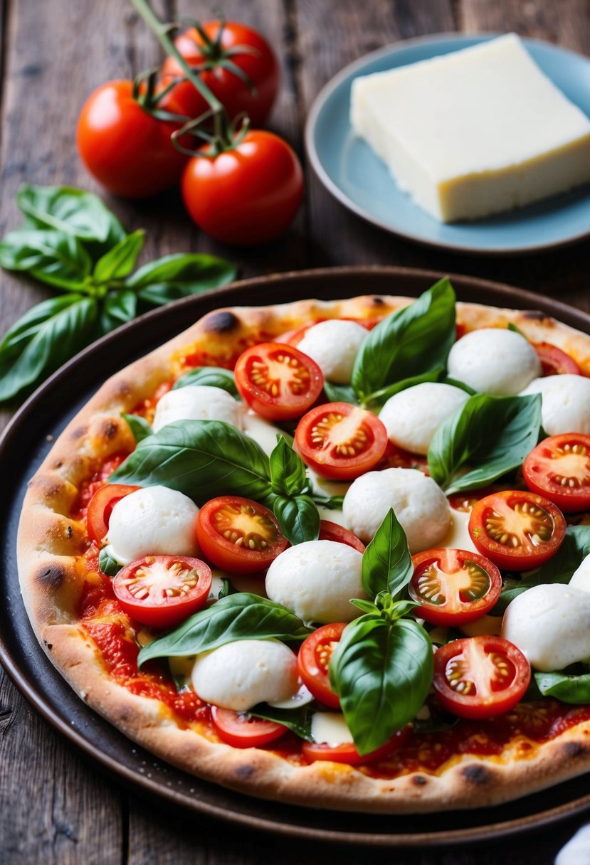 A rustic wooden table with a freshly baked Caprese salad pizza surrounded by vibrant red tomatoes, fresh basil leaves, and creamy mozzarella cheese